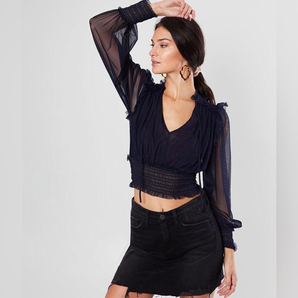 Free People Twyla Sheer Blouse Top in Black